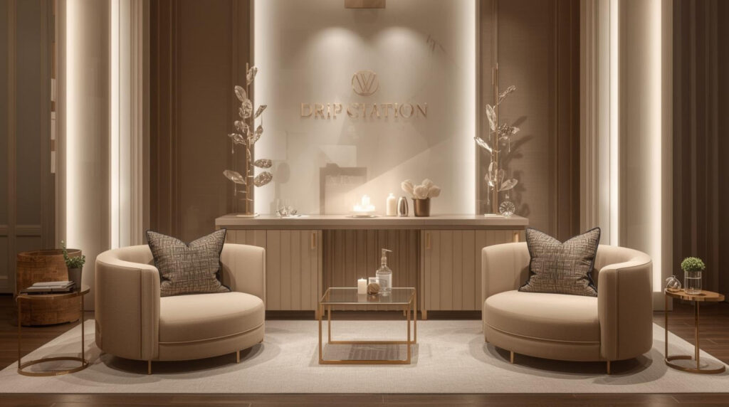 A stylish and modern "Drip Station" setup with two plush chairs, a sleek table, and elegant lighting, creating a comfortable and luxurious ambiance for wellness treatments.