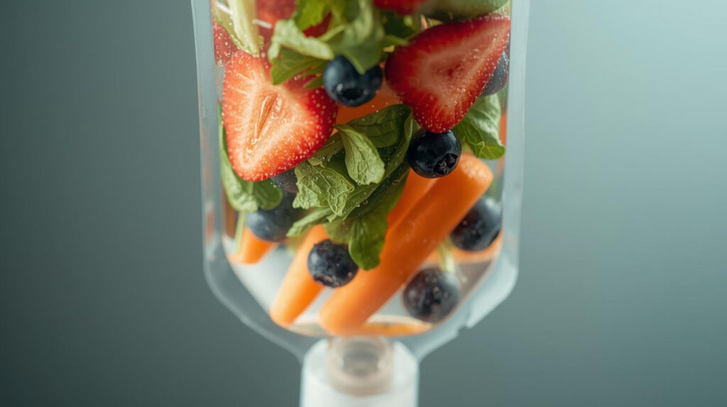 Close-up of an IV drip bag filled with fresh fruits, vegetables, and herbs including strawberries, blueberries, carrots, and mint.