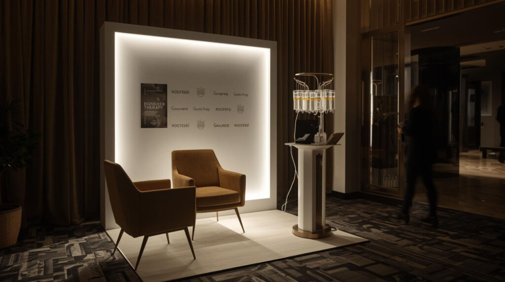 Modern IV therapy lounge setup with two chairs, soft lighting, and IV drip equipment at a conference venue.