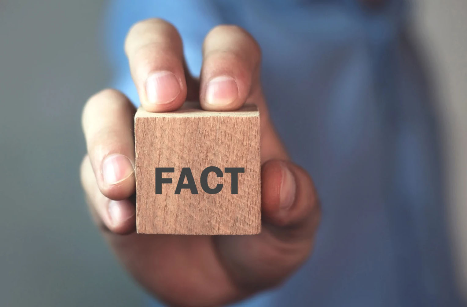 Hand holding a small wooden block with the word “FACT” printed on it, symbolizing truth and verified information.