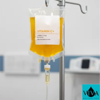 Pharmaceutical-grade Vitamin C IV drip bag prepared for mobile therapy session by Viva Wellness Drip