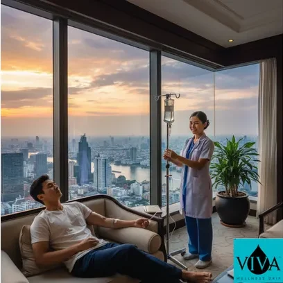 Patient receiving the best mobile iv drip in Bangkok, Thailand after a night out.