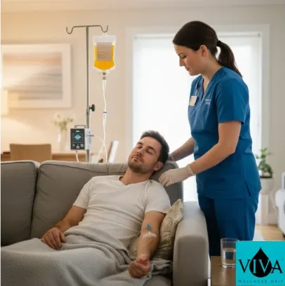 Mobile hangover IV drip therapy at home administered by Viva Wellness Drip registered nurse for fast recovery