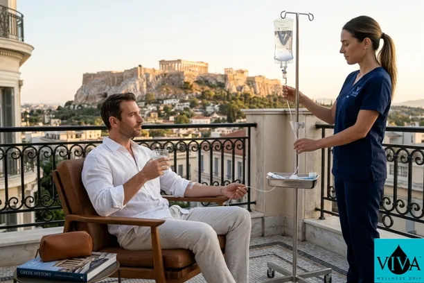 A mobile IV drip hydration session being administered by a healthcare professional to a relaxed guest on a luxury balcony with a view of the illuminated Acropolis in Athens, Greece.