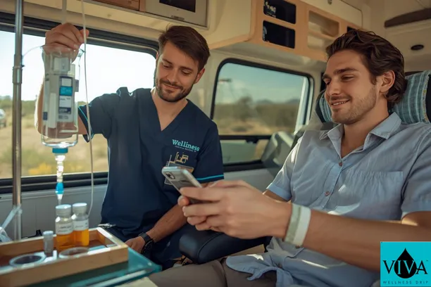 Viva Wellness nurse monitoring IV drip therapy for a Coachella festival-goer in Bermuda Dunes CA