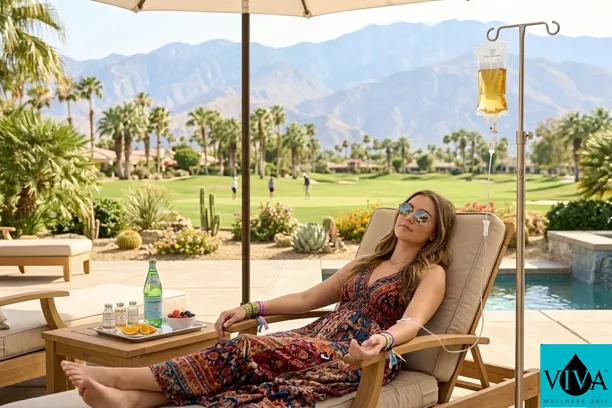 Woman receiving Bermuda Dunes IV drip therapy from Viva Wellness on a patio during Coachella weekend