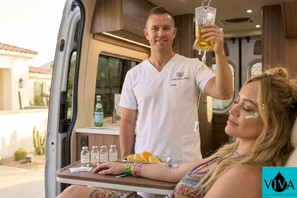 Viva Wellness nurse preparing IV drip therapy for a Coachella attendee in Cathedral City California
