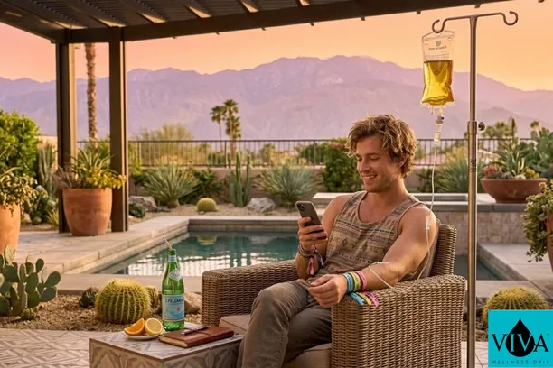 Festival-goer getting Cathedral City IV drip therapy from Viva Wellness on a patio during Coachella weekend
