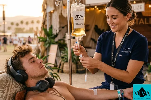 Viva Wellness nurse administering IV drip therapy to festival-goer near Coachella in Indio