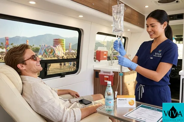 Viva Wellness nurse administering IV drip therapy to a festival-goer at La Quinta Coachella event