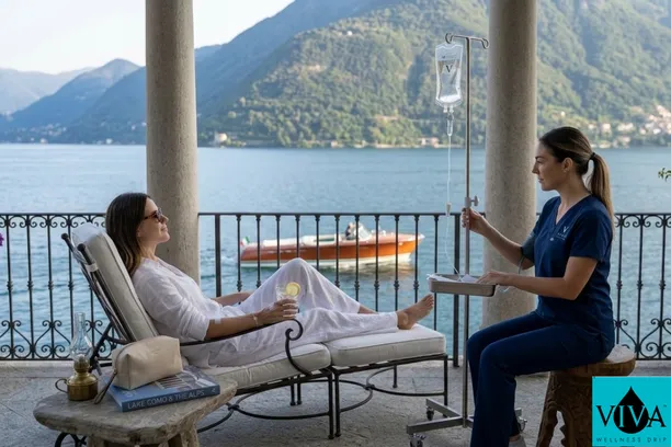 A luxury mobile IV therapy session being administered to a traveler on a villa terrace overlooking the blue waters of Lake Como and the Italian Alps in Bellagio, Italy.
