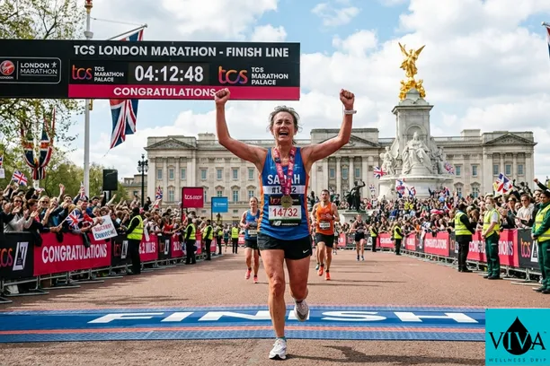 A runner finishing the London Marathon at The Mall, highlighting the extreme physical demand that requires professional IV drip therapy and hydration recovery.