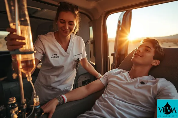 Viva Wellness nurse checking IV drip bag for a Coachella attendee near Mecca California