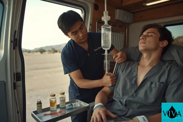 Viva Wellness nurse administering IV drip hydration to a Coachella attendee near North Shore CA Salton Sea