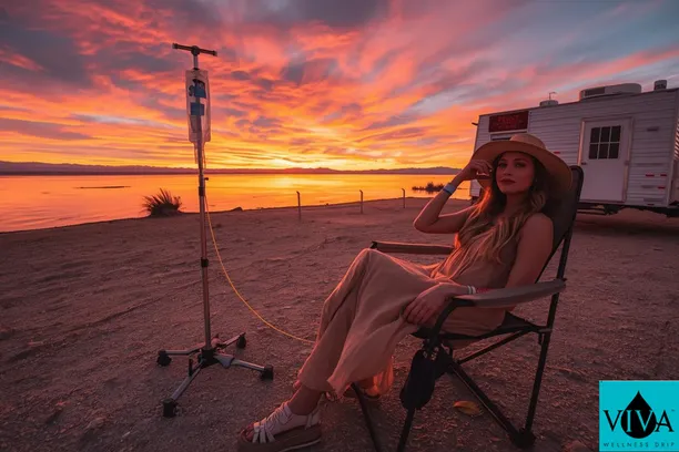 Festival-goer receiving North Shore CA IV drip therapy from Viva Wellness near the Salton Sea before Coachella