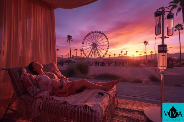Woman receiving an Oasis IV drip at a luxury festival lounge during Coachella.