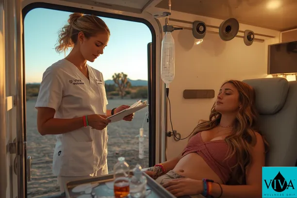 Viva Wellness nurse checking IV drip therapy for a Coachella attendee at a Sky Valley CA property