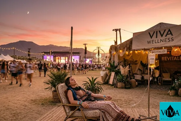 Woman receiving IV drip therapy at Coachella Music Festival in Coachella CA at golden hour