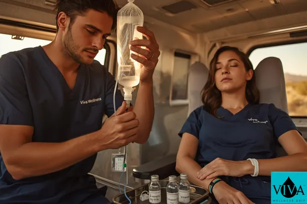 Festival-goer getting Thermal IV drip therapy from Viva Wellness near Coachella festival grounds