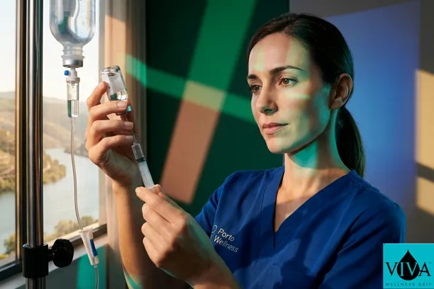Professional mobile IV therapy session being administered in a luxury Porto residence with river views