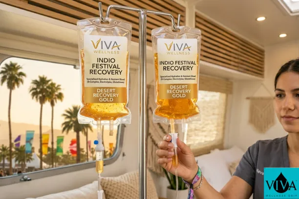 A Viva Wellness professional administering a mobile iv drips near me session for Coachella recovery.