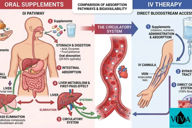 Infographic comparing oral nutrient absorption vs. intravenous nutrient delivery.
