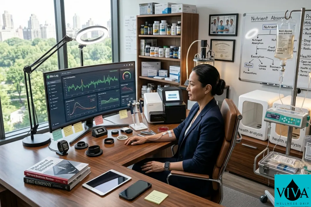 High-performance professional receiving mobile iv drip therapy at home office for energy and cognitive optimization