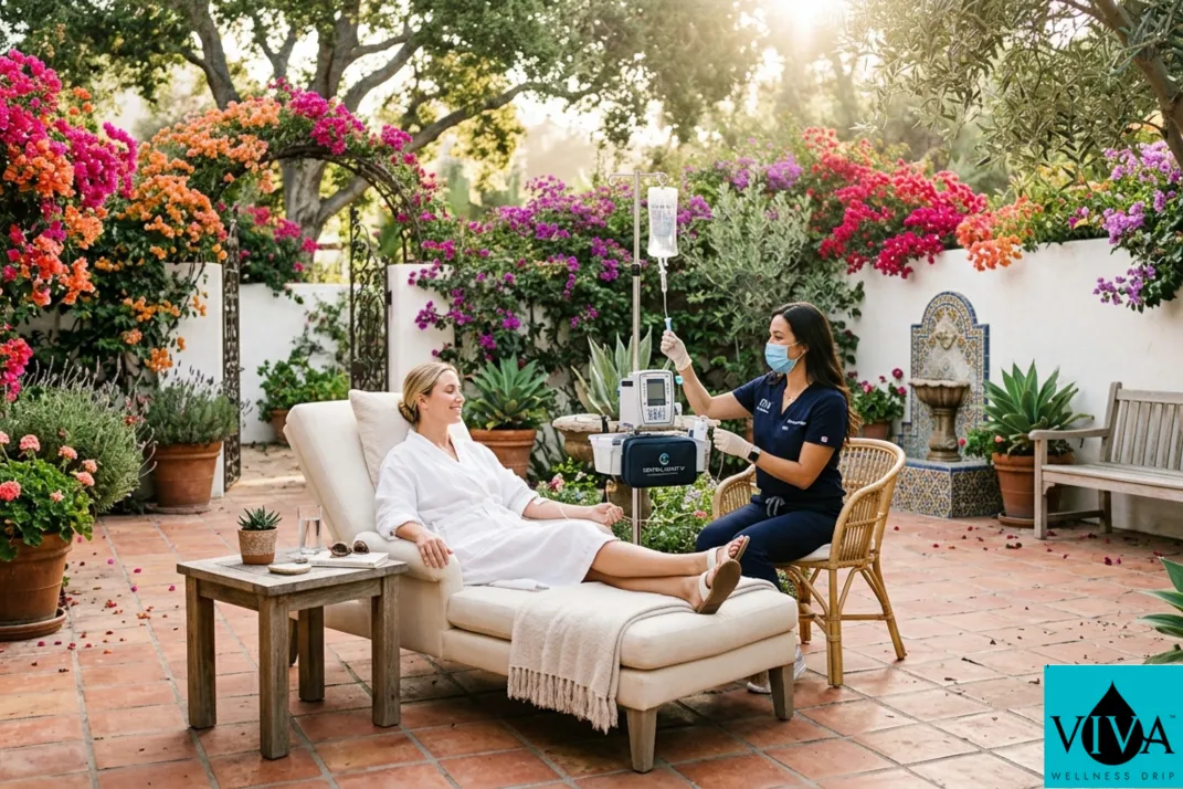 A luxury mobile IV therapy session in a Mediterranean-style Santa Barbara garden