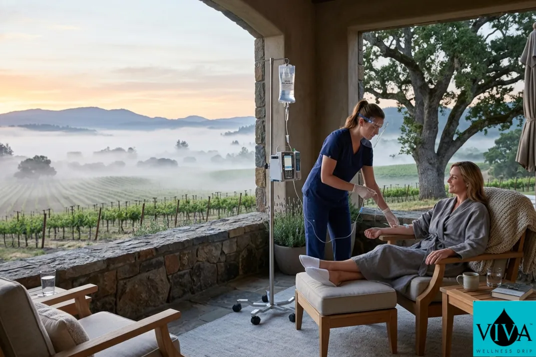 A luxury mobile IV recovery session on a Napa Valley terrace overlooking morning vineyards