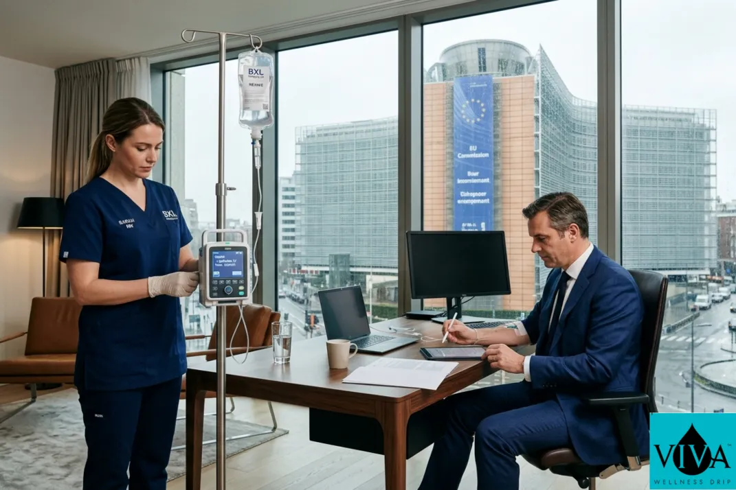 A mobile IV cognitive recovery session for a professional in Brussels' EU District