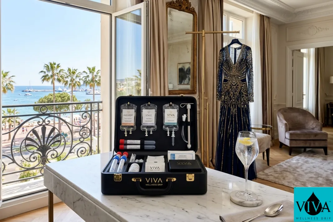 Luxury IV therapy setup in a Cannes hotel room, designed for red carpet beauty preparation and fatigue recovery.