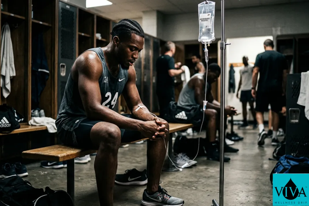 Professional athlete utilizing intravenous nutrition to recover from match-day fatigue and dehydration in a high-performance setting.
