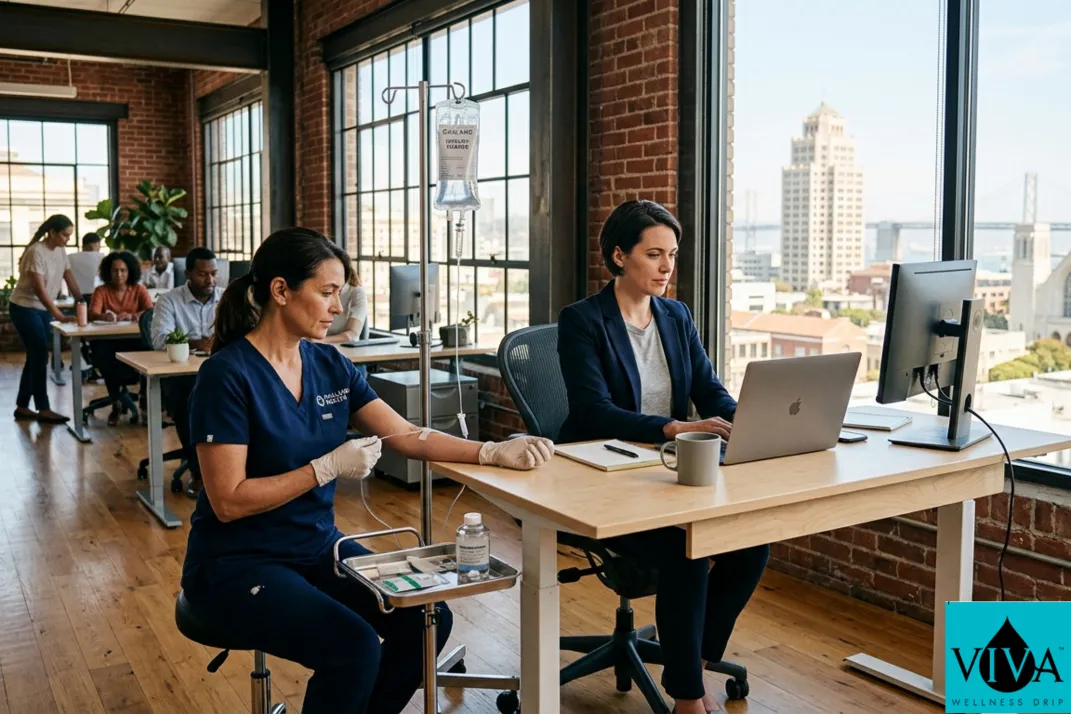 A professional mobile IV therapy session in a modern Oakland loft office