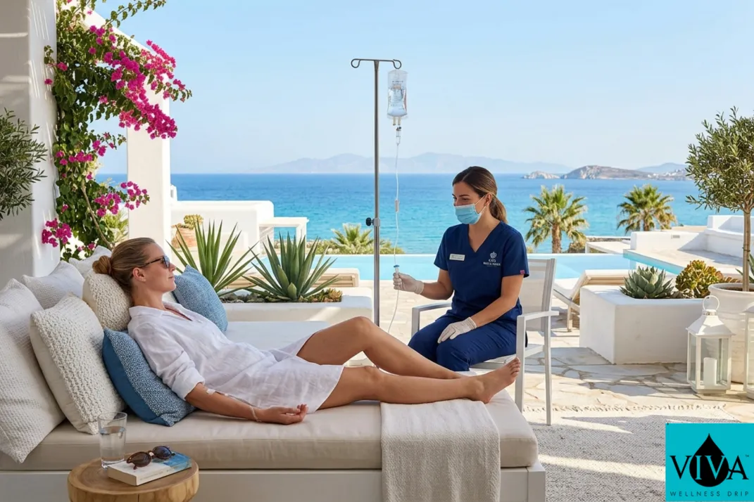 A mobile IV hydration and wellness session at a luxury villa on Kos Island