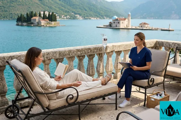 A mobile IV revitalization session overlooking the Bay of Kotor