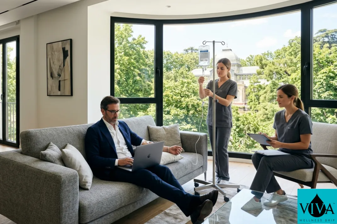 A mobile IV midnight recovery session in a luxury Madrid apartment