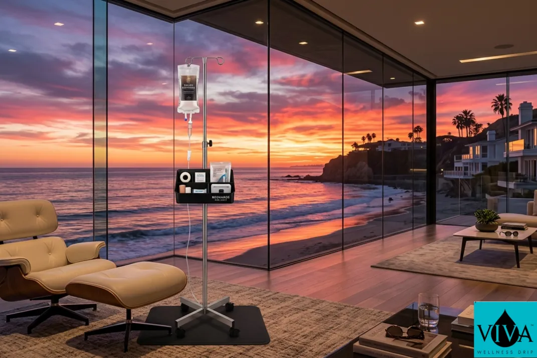 A luxury mobile IV therapy session in a Malibu home overlooking the Pacific Ocean