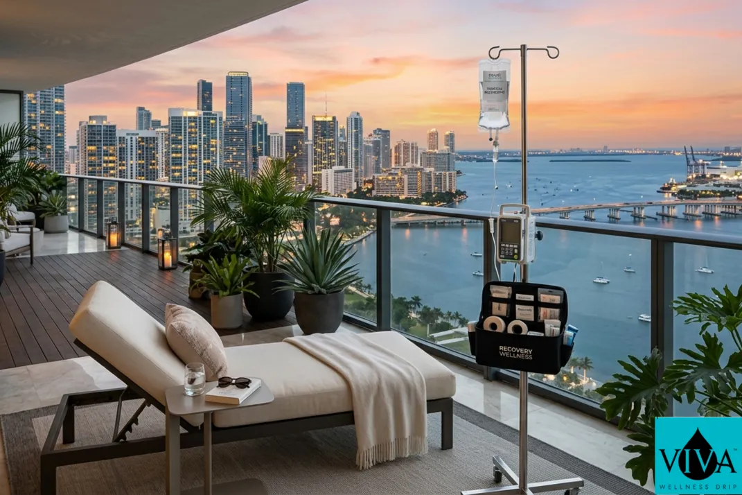 A luxury mobile IV therapy session on a Miami balcony overlooking Biscayne Bay
