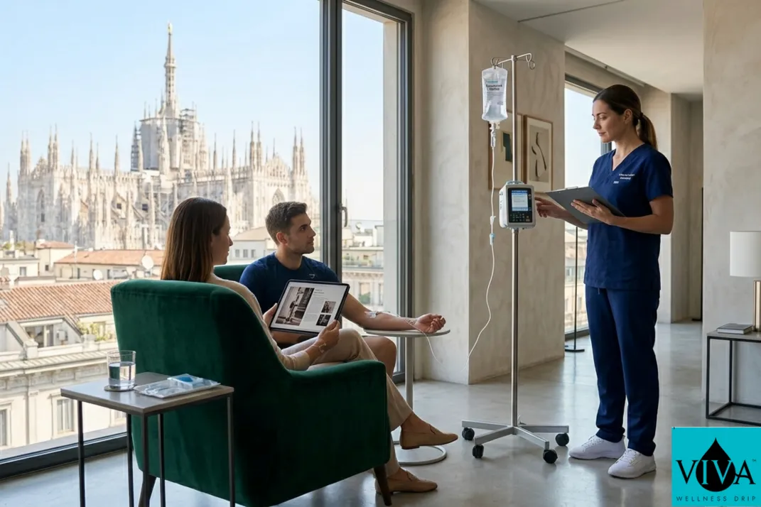 A mobile IV "Fashion Week Protocol" session in a luxury Milan hotel