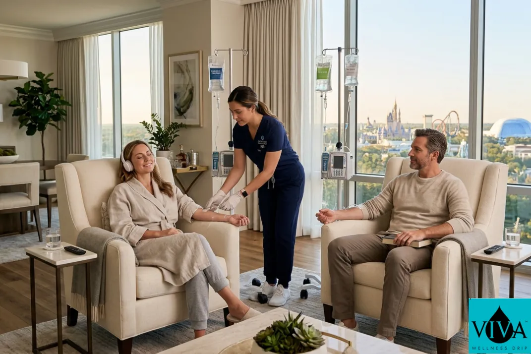 A mobile IV hydration session for a family in an Orlando resort suite