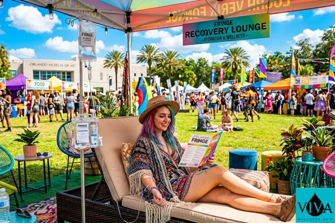 Artist at the Orlando Fringe Festival using IV hydration therapy to combat Florida heat and humidity during the 14-day event.