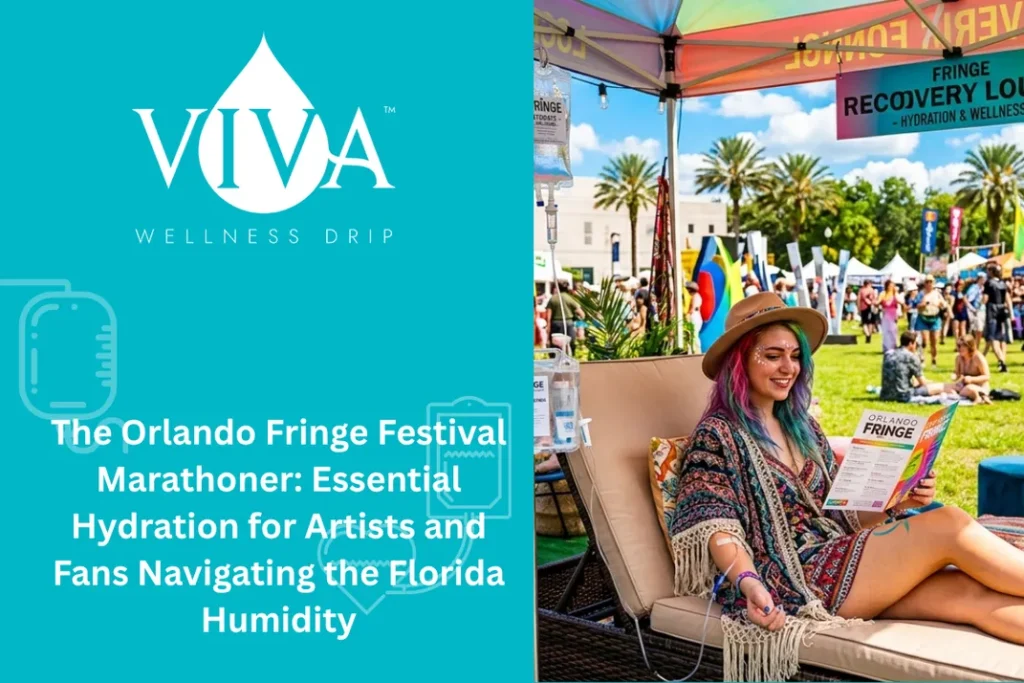 A colorful, sun-drenched shot of the Orlando Fringe "Loch Haven Park" lawn. In the foreground, a person in creative festival attire is relaxing in a shaded lounge area with a clear, professional IV hydration setup, looking refreshed while checking a festival program.