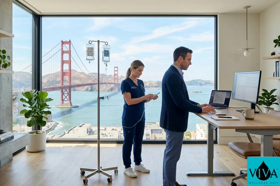 A mobile IV therapy session in a San Francisco office overlooking the Golden Gate Bridge.