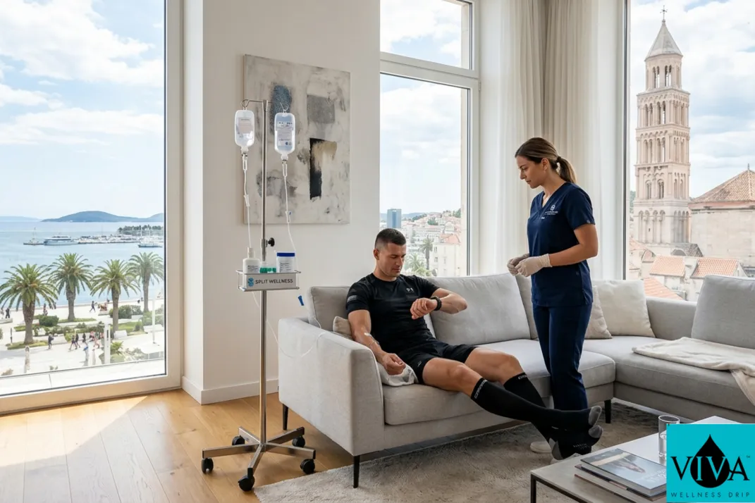 A mobile IV performance boost session in an apartment overlooking the Split Riva.