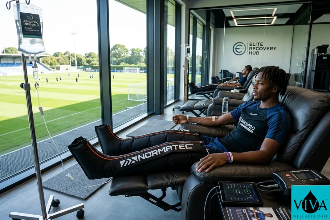 Professional athlete undergoing IV drip therapy as part of a World Cup performance recovery protocol to enhance muscle repair and hydration.
