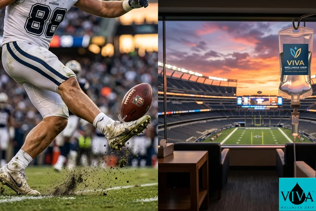 Conceptual image showing the link between high-performance football endurance and professional IV recovery therapy by Viva Wellness Drip.