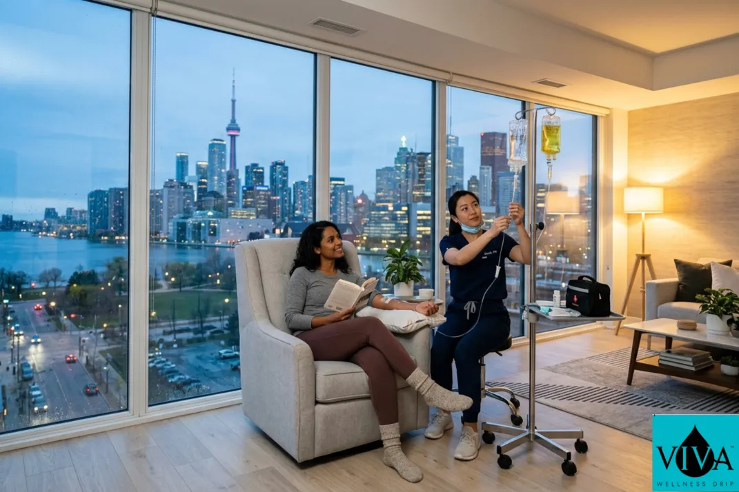 At-home IV wellness infusion session in a modern Toronto condo with city skyline visible through floor-to-ceiling windows