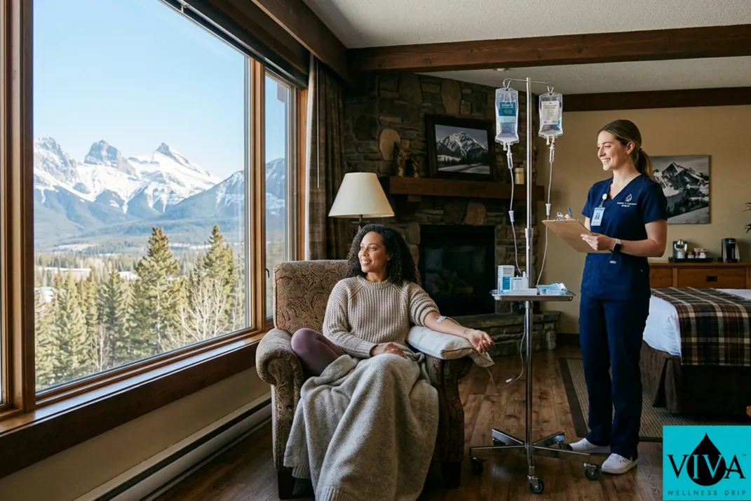 Mobile IV drip therapy session set up in a Banff lodge room with Rocky Mountain views through a large window