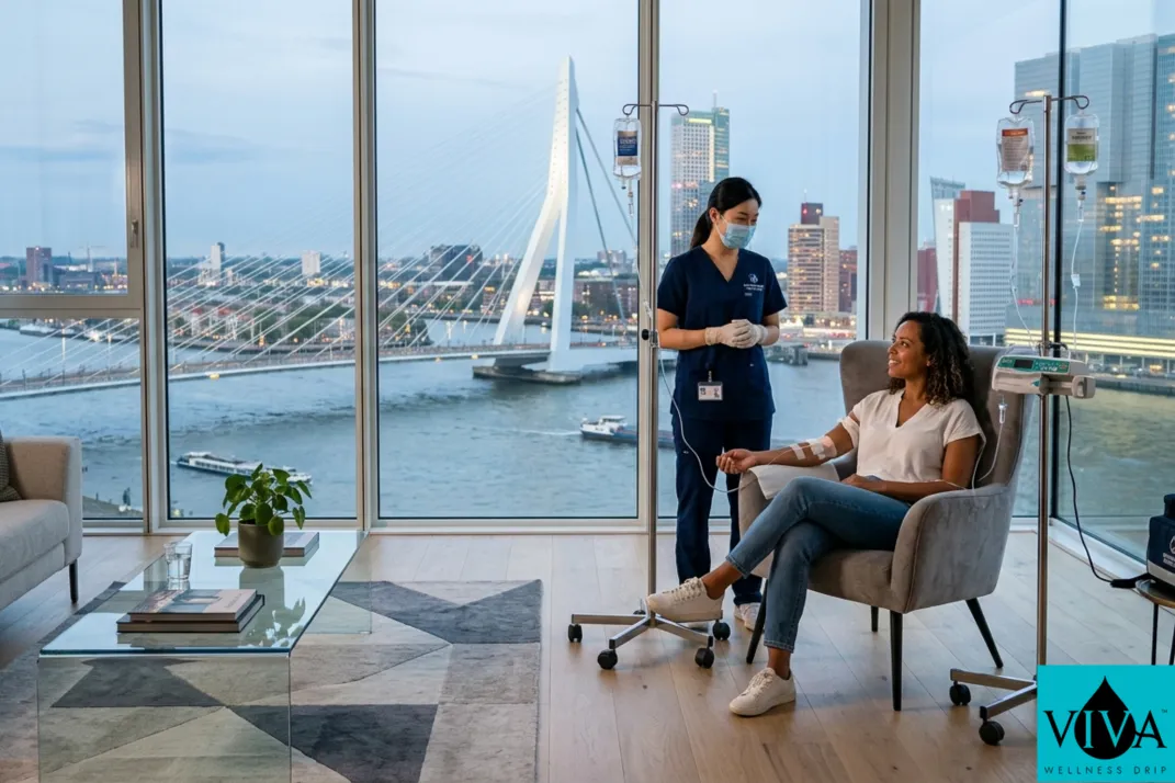At-home IV drip therapy session set up in a modern Rotterdam apartment with views of the Erasmusbrug and the Maas river