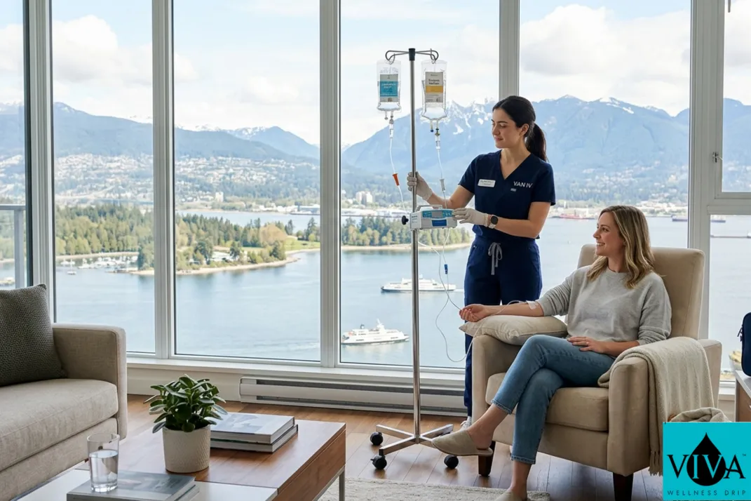 At-home IV drip therapy session set up in a bright Vancouver apartment with views of the North Shore mountains